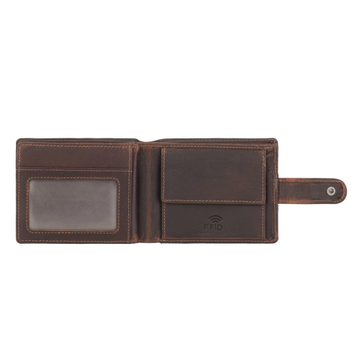 Brown leather wallet with RFID protection on a white background