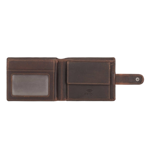 Brown leather wallet with RFID protection on a white background