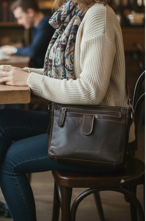 A woman wearing glasses, a cream ribbed sweater, a patterned scarf, and blue jeans sits at a wooden table in a cozy cafe, holding a white coffee cup. A dark brown leather shoulder bag rests on the chair next to her.