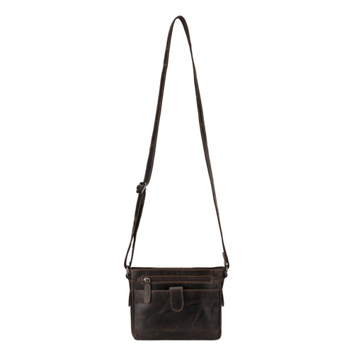 Brown leather crossbody bag with a strap on a white background