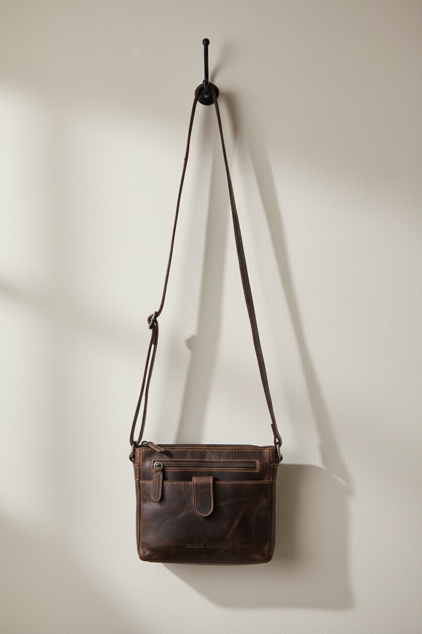 A dark brown distressed leather crossbody bag hanging from a black wall hook against a warm off-white wall.