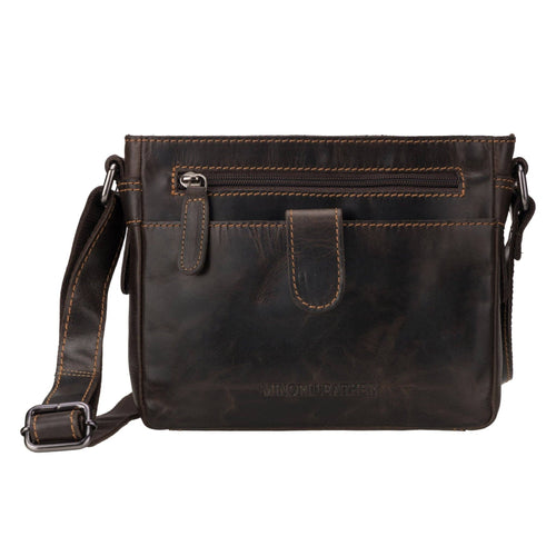 Brown leather crossbody bag on a white background