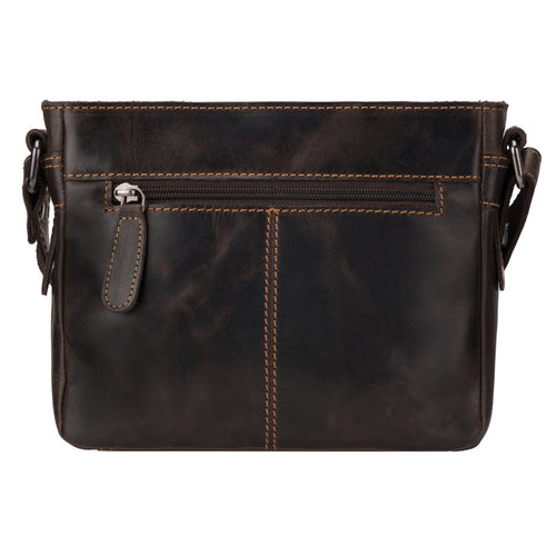 Brown leather crossbody bag on a white background