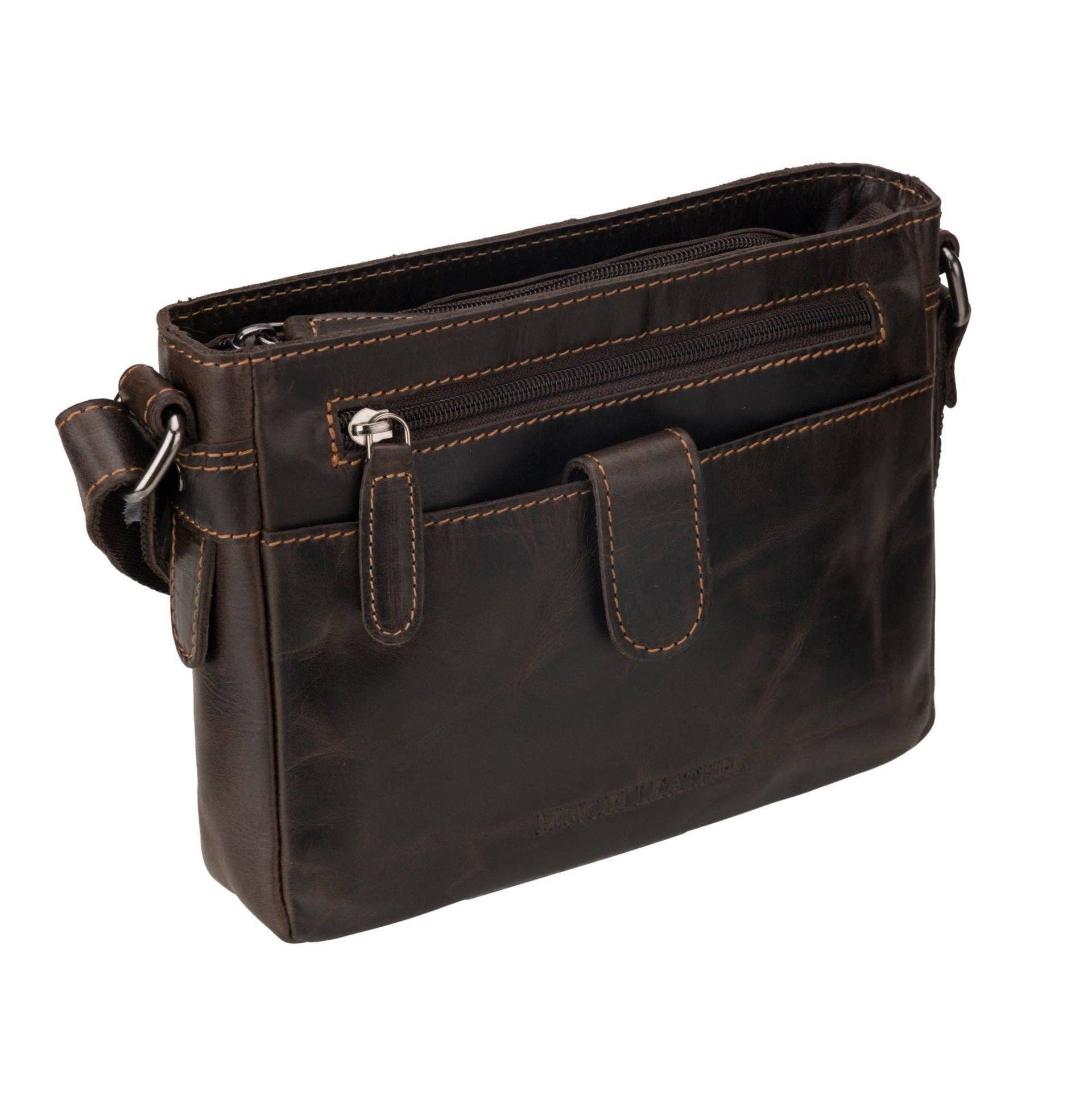 Brown leather crossbody bag on a white background
