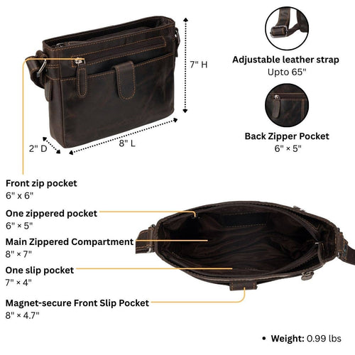 Brown leather bag with measurements and features on a white background