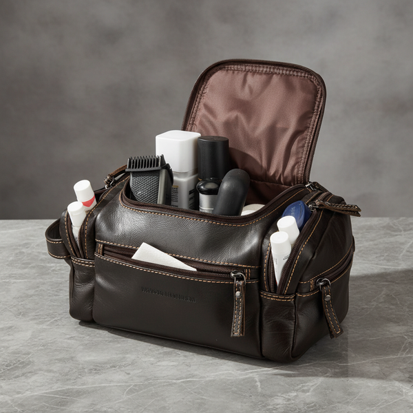 A dark brown leather toiletry bag with an open top, filled with grooming and travel items, set on a gray stone surface against a gray background.