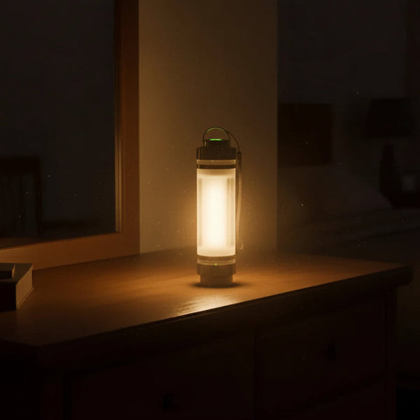 Glowing lantern on wooden dresser in dim room, warm ambient light
