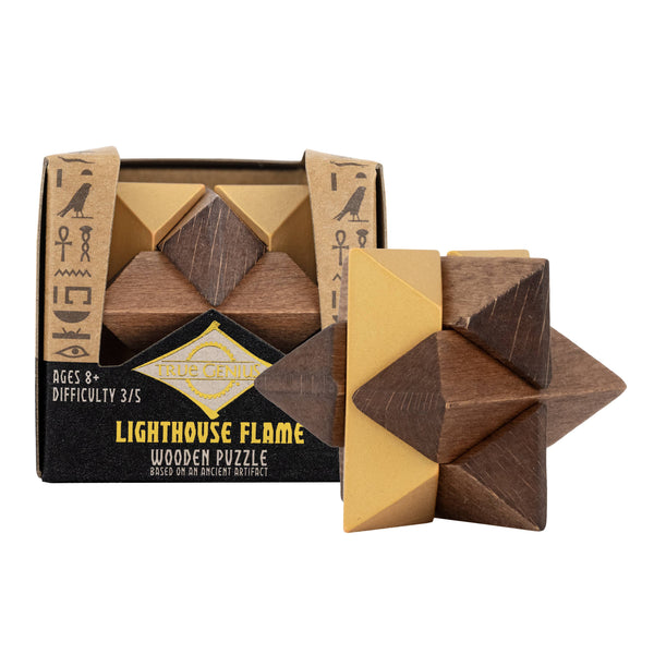 Wooden puzzle with geometric shapes and packaging on a white background