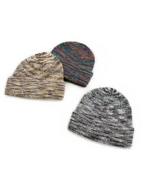 Three knit beanie hats arranged on a white background: one tan and beige marled, one multicolor with blue, red, and green tones, and one gray and white marled.