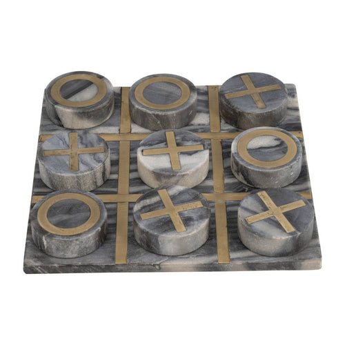 A marble tic-tac-toe game board and pieces featuring a gray and white veined pattern with polished gold accents for the grid lines and letter markings.