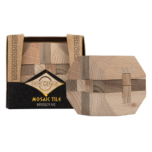 Wooden mosaic tile puzzle with packaging labeled 'True Genius Mosaic Tiles' on a white background