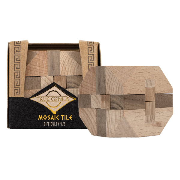 Wooden mosaic tile puzzle with packaging labeled 'True Genius Mosaic Tiles' on a white background