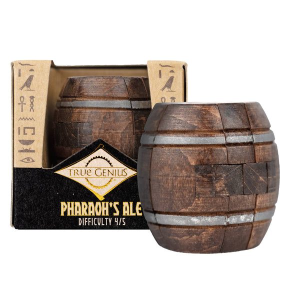 Wooden puzzle barrel with packaging labeled 'True Genius Pharaoh's Ale' on a white background