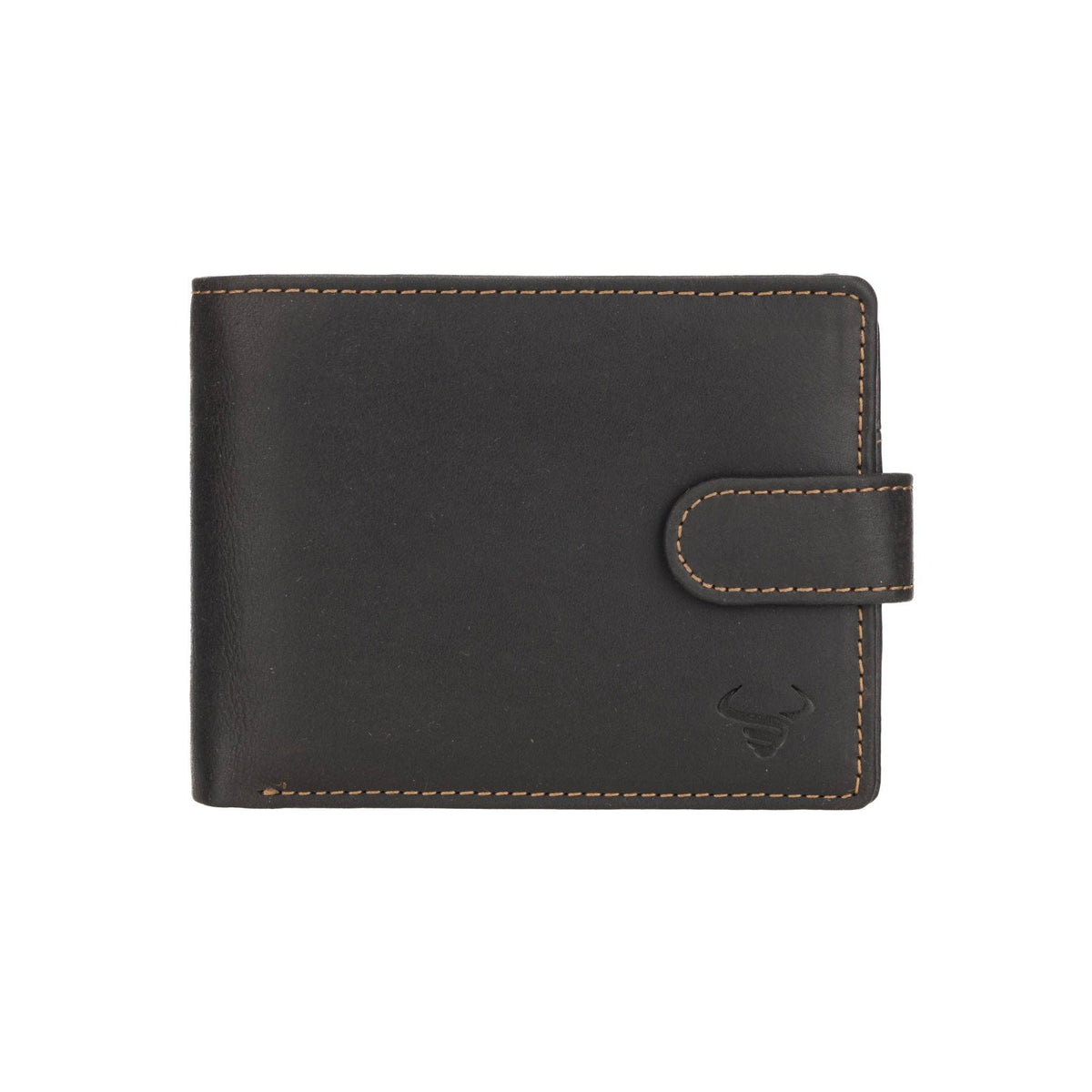 Black leather wallet with stitching detail on a white background