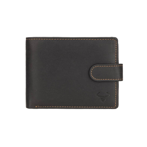Black leather wallet with stitching detail on a white background