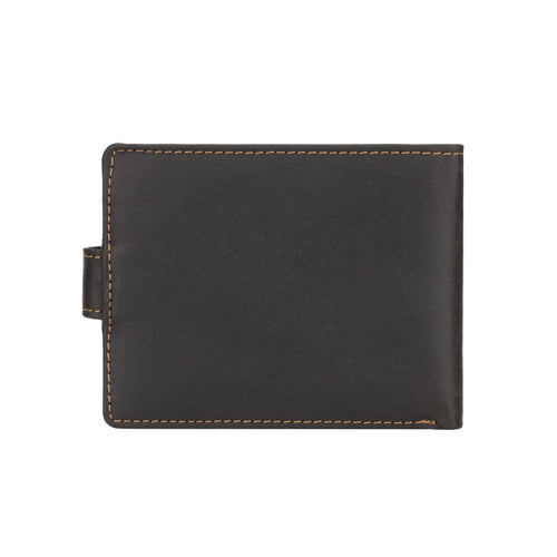 A dark brown leather bifold wallet with light tan contrast stitching, shown closed on a plain white background.