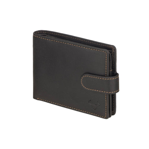 Black leather wallet with stitching detail on a white background