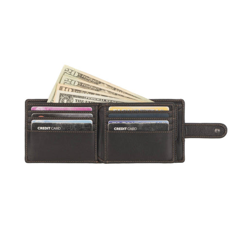 Black wallet with money and cards on a white background