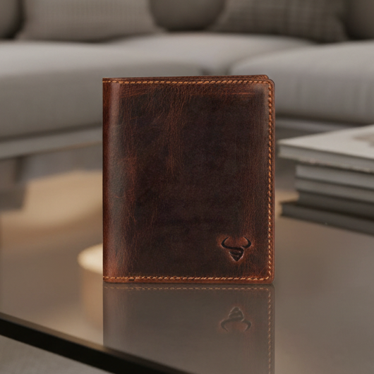 A dark brown leather bifold wallet with a small debossed heart logo, standing on a glass coffee table in a modern living room setting.