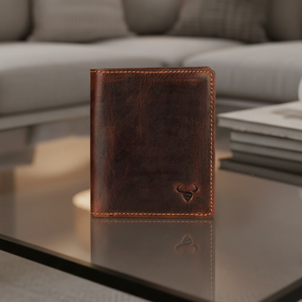 A dark brown leather bifold wallet with a small debossed heart logo, standing on a glass coffee table in a modern living room setting.