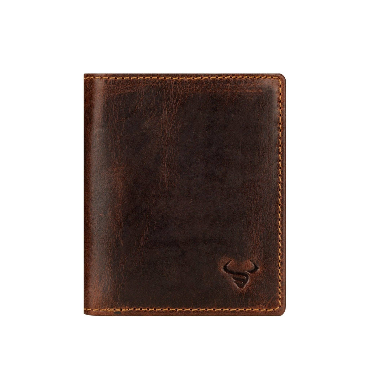 A dark brown leather bifold wallet with visible stitching and an embossed bull logo in the bottom right corner, shown on a plain white background.