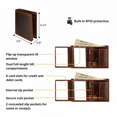 A brown leather bifold wallet shown on a white background with callout lines and text describing its features, including dimensions, transparent ID window, dual bill compartments, card slots, internal zip pocket, secure coin pocket, and concealed slip pockets. A small badge icon indicates built-in RFID protection.
