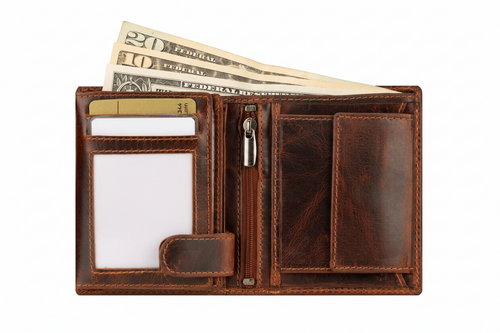An open brown leather bi-fold wallet with multiple card slots, a pen loop, and cash visible in the top pocket, shown on a plain white background.