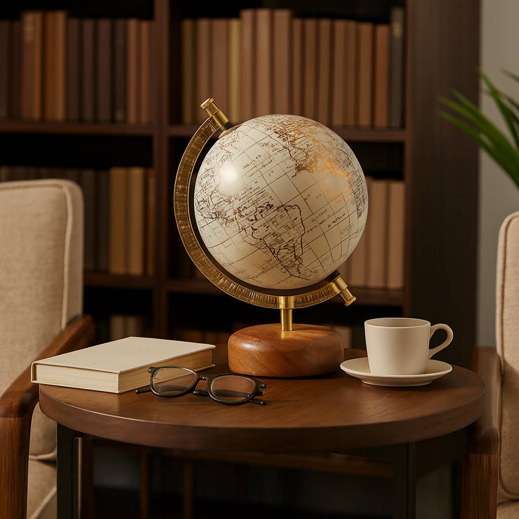 Globe on a wooden table with books, glasses, and a cup in a cozy room setting.