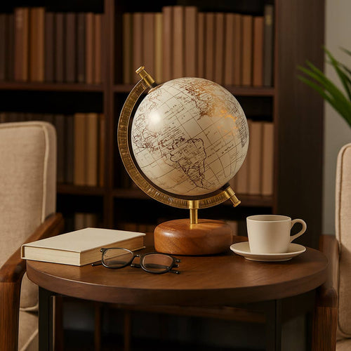 Globe on a wooden table with books, glasses, and a cup in a cozy room setting.