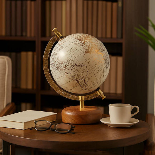 Globe on a wooden table with books, glasses, and a cup in a cozy room setting.