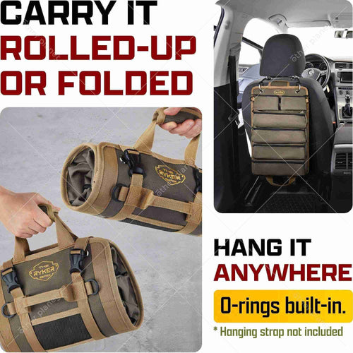 Multifunctional bag being rolled up, held by a hand, and hanging from a car seat with text highlighting features.