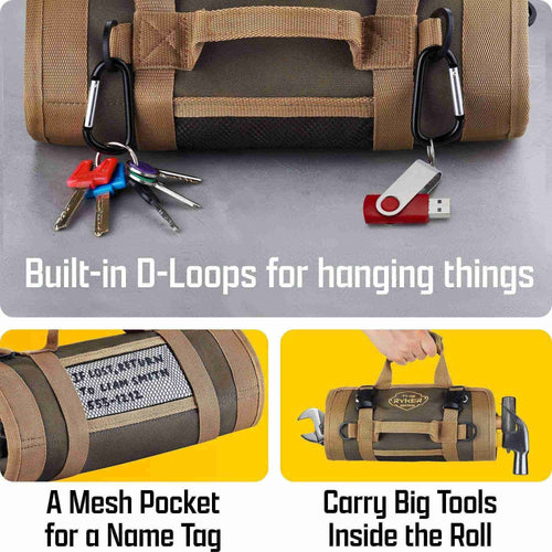 Brown roll-up bag with keychain, USB, and tools on a gray background