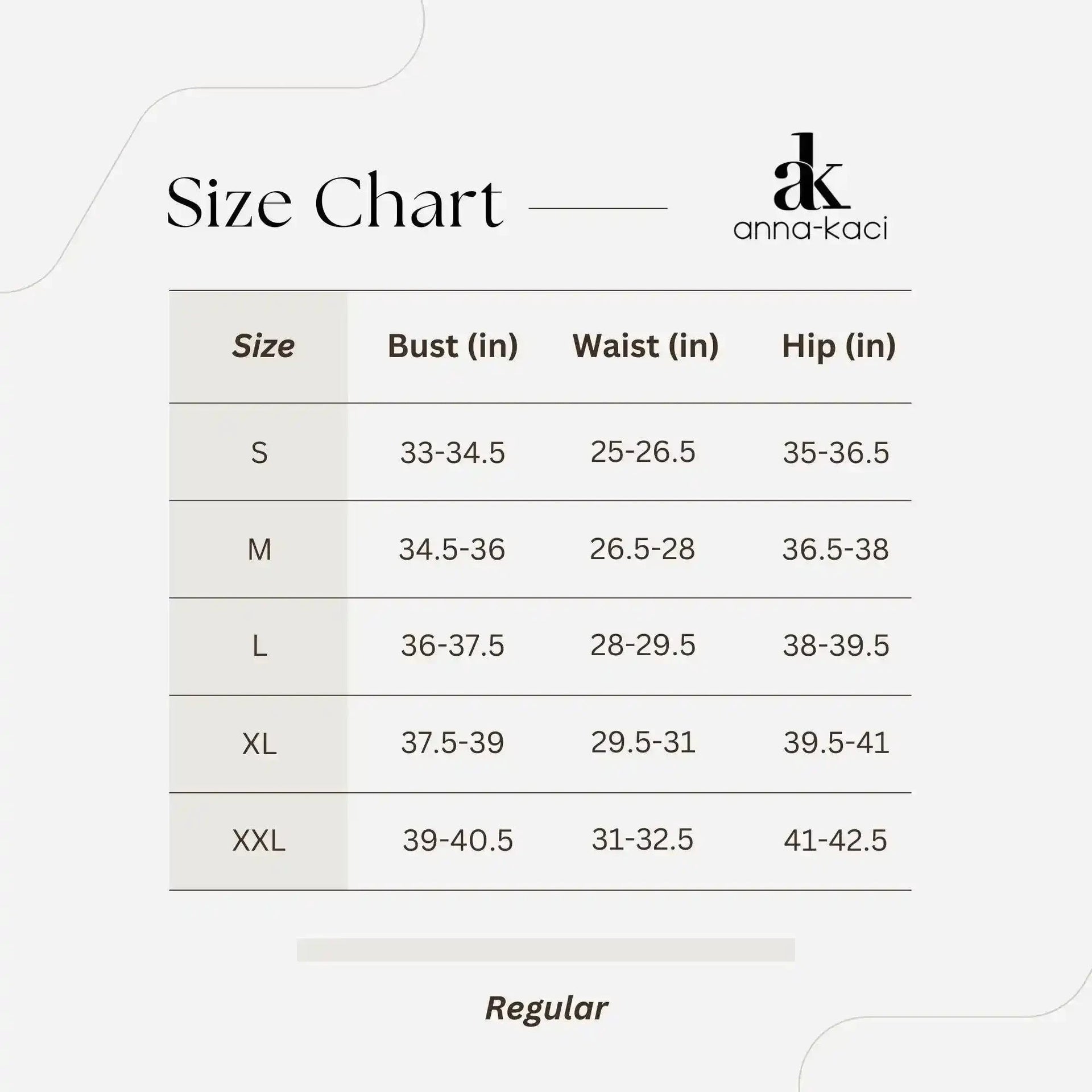 anna-kaci size chart for regular fit clothing with bust, waist, and hip measurements in inches