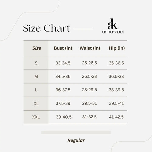 anna-kaci size chart for regular fit clothing with bust, waist, and hip measurements in inches