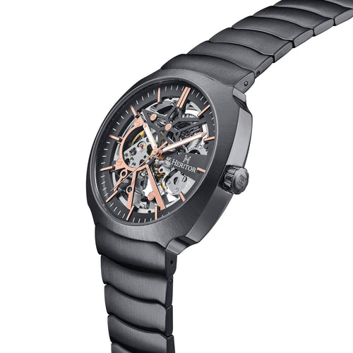 Skeleton Automatic Watches Black watch with a detailed face on a white background