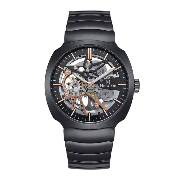 Skeleton Automatic Watches Black mechanical watch with rose gold accents on a white background