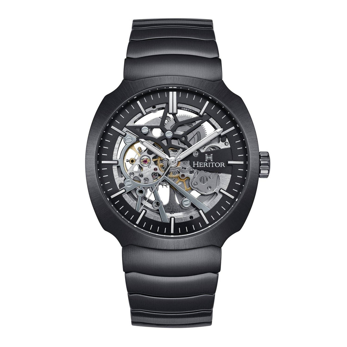 Skeleton Automatic Watches Black mechanical watch with visible brand name on a white background