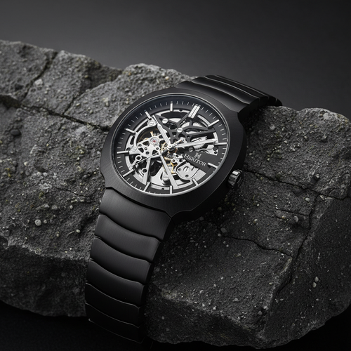 A black skeleton watch with a matching black metal link bracelet, resting on a textured dark gray rock against a dark studio background.