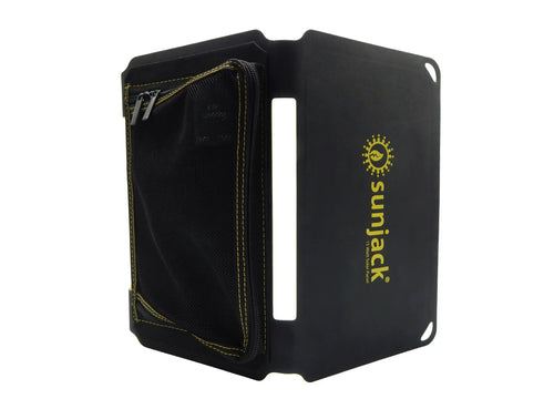 SunJack 15 Watt solar panel with black fabric case and yellow stitching, portable power charger