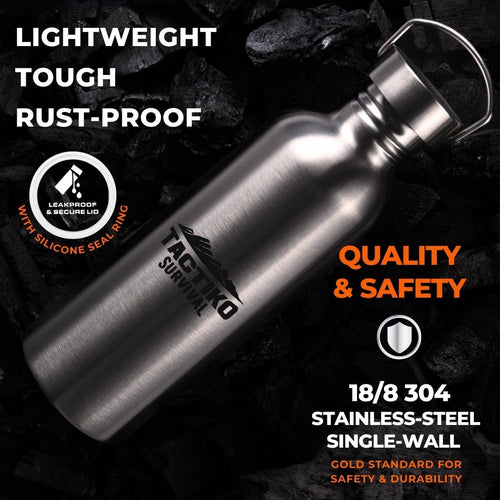 Stainless steel water bottle with Tactic Survival branding on a dark background