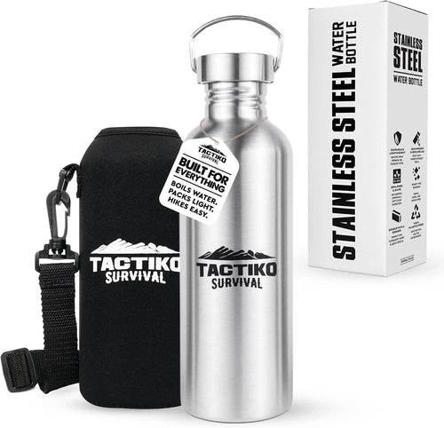 Stainless steel water bottle with black carrying case and Tactiko Survival packaging on a white background