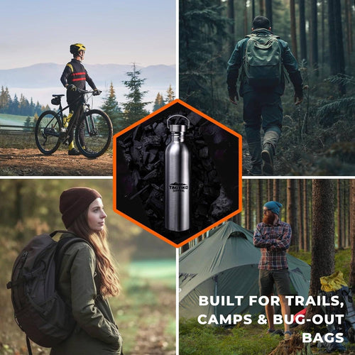Collage of people outdoors with a focus on a water bottle, surrounded by nature.