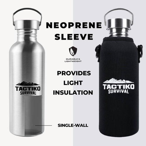 Stainless steel water bottle with Tactiko Survival branding and a black neoprene sleeve on a light gray background.