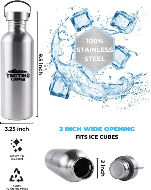 Stainless steel water bottle with ice cubes and measurements on a white background