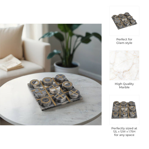 A decorative marble tic-tac-toe game board with stone game pieces displayed on a round white table in a living room setting, with three inset feature callouts on the right highlighting its use for glam style, high-quality marble texture, and sizing at 12L x 12W x 175H.