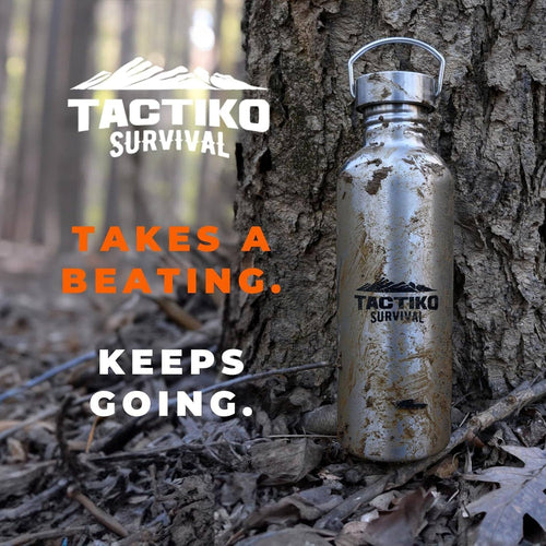 Tactiko survival bottle against a tree with promotional text