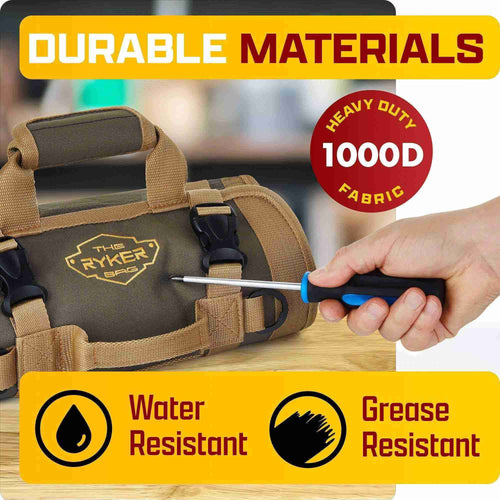 Tool bag with durable materials text and a hand holding a screwdriver.