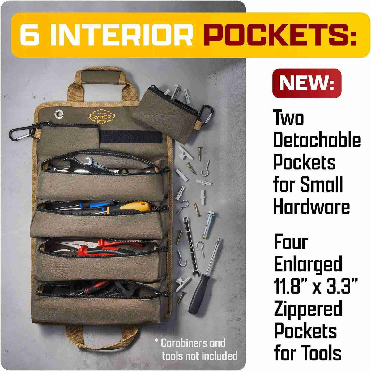 Tool organizer with tools and text highlighting features on a gray background