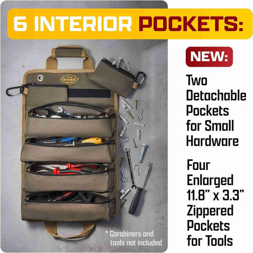 Tool organizer with tools and text highlighting features on a gray background
