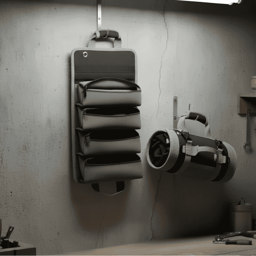 Wall-mounted tool organizer in a workshop setting with tools on the wall and table.